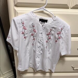 Laura Scott White Blouse with Pink Floral Embroidery